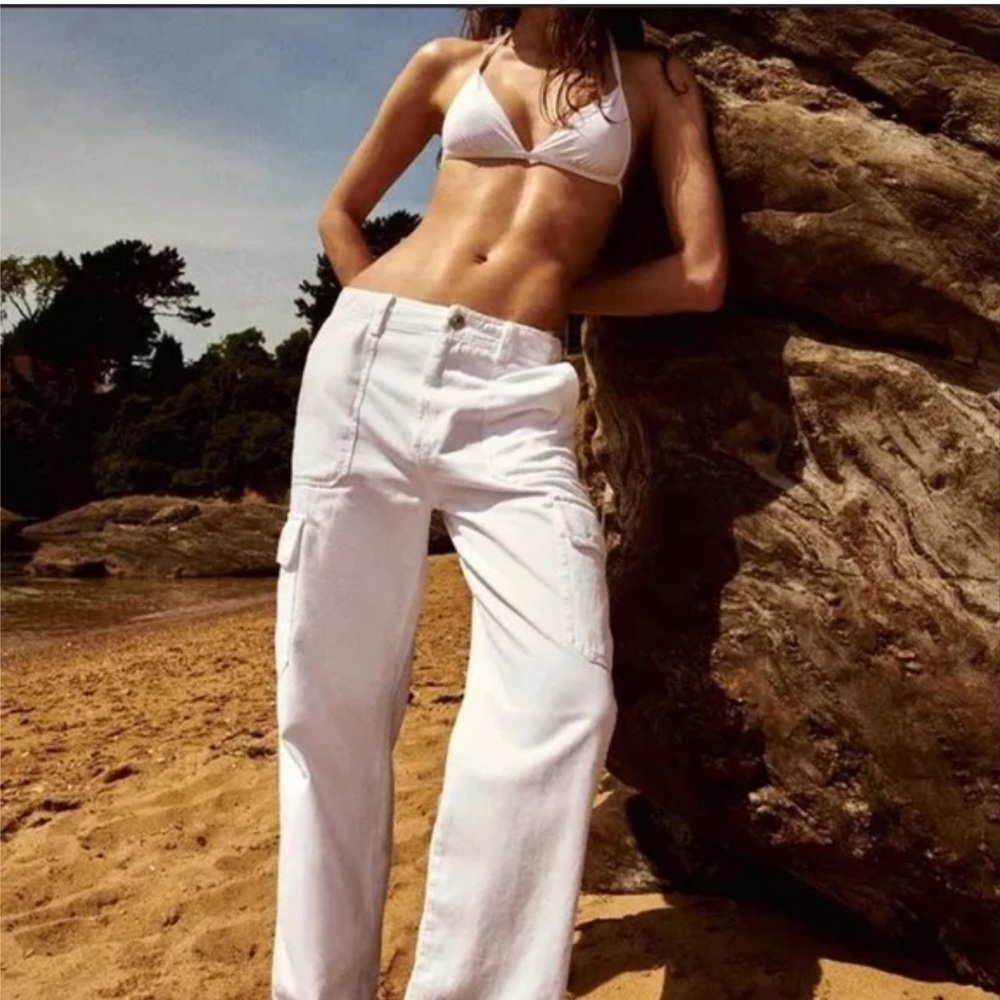ZARA STRAIGHT LEG CARGO PANTS WITH HIGH-WAIST SIZE 0 White
